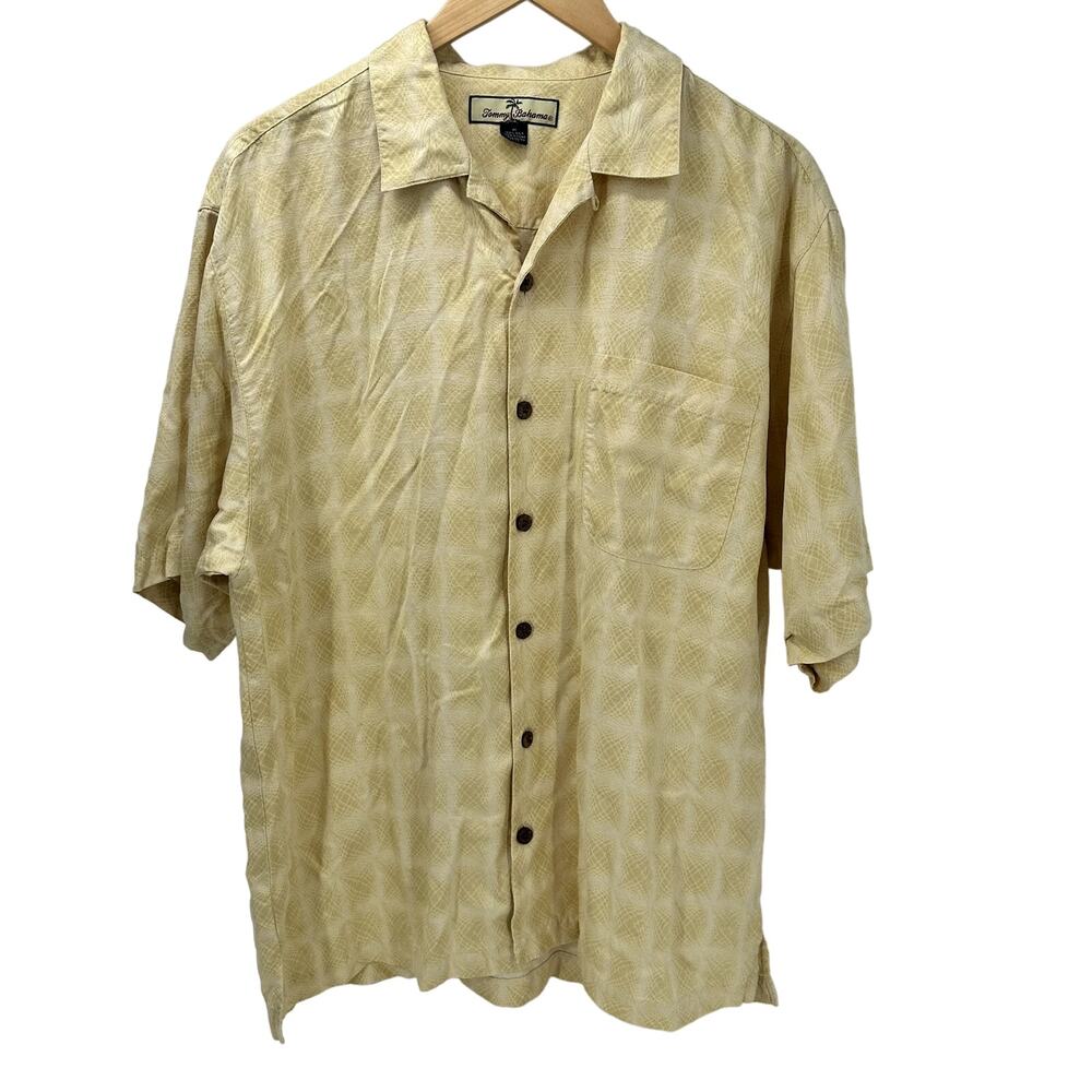 Tommy Bahama Shirt Mens Medium Silk Yellow Button Up Short Sleeve Tropical